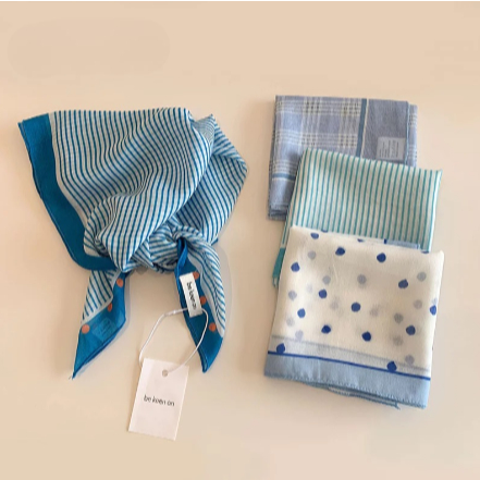 [Peinn] Khăn Lụa Vuông Unisex, Chất Liệu Cao Cấp, Hoạ Tiết Vintage Sọc Nhiều Mẫu Tone Xanh - Mã ST014