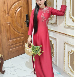 Áo dài cổ tròn dáng ôm đính cườm chất lụa ánh sao Áo tân thời trung niên mẹ sui mặc ăn hỏi đám cưới T1553G