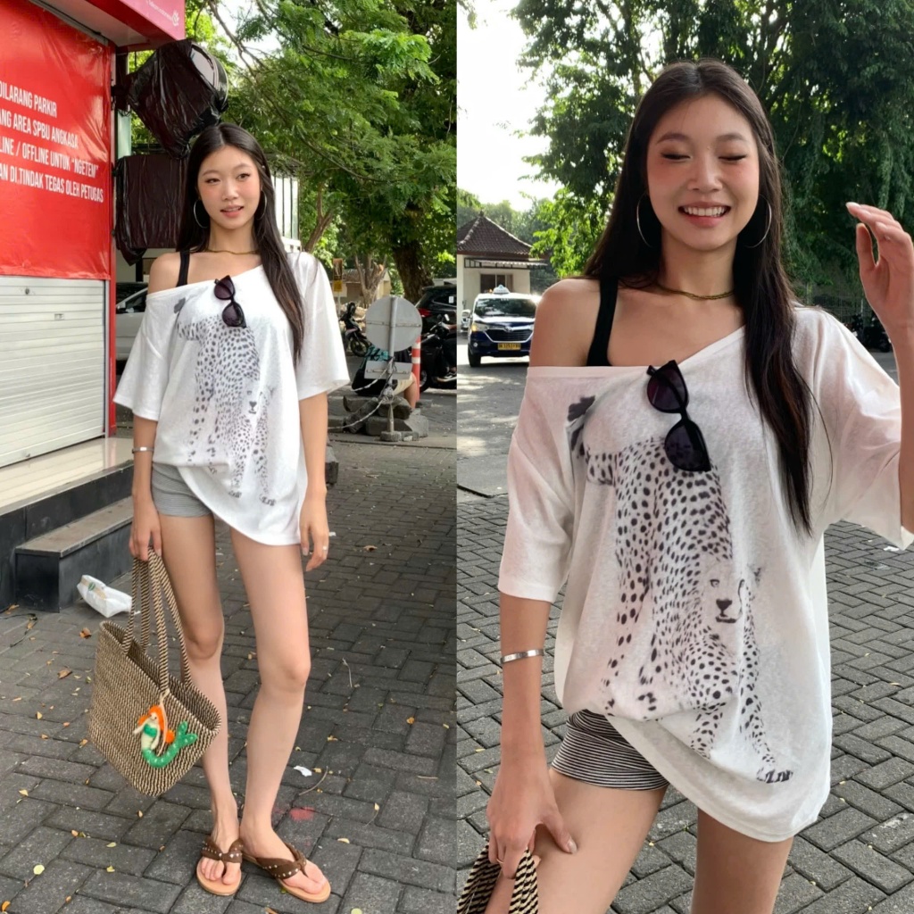 (sẵn)Áo thun cộc tay trễ vai dáng rộng màu trắng hoạ tiết con báo và nai chất thun giấy dày dặn ATV036 - Tiktik