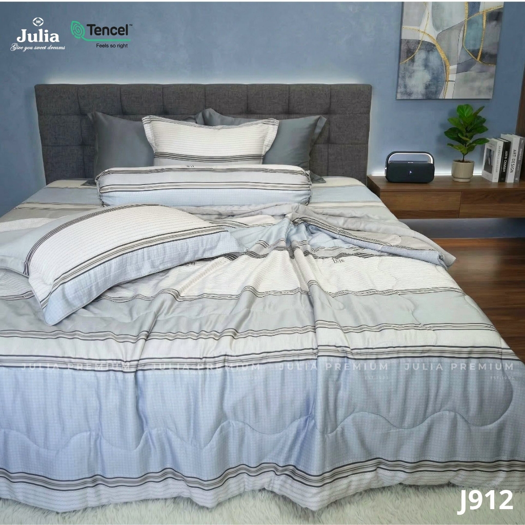 Bộ chăn ga gối ra giường lụa tencel sọc xanh xám - 100% từ gỗ sồi và thân cây bạch đàn siêu mềm mịn Hàn Quốc Julia 912