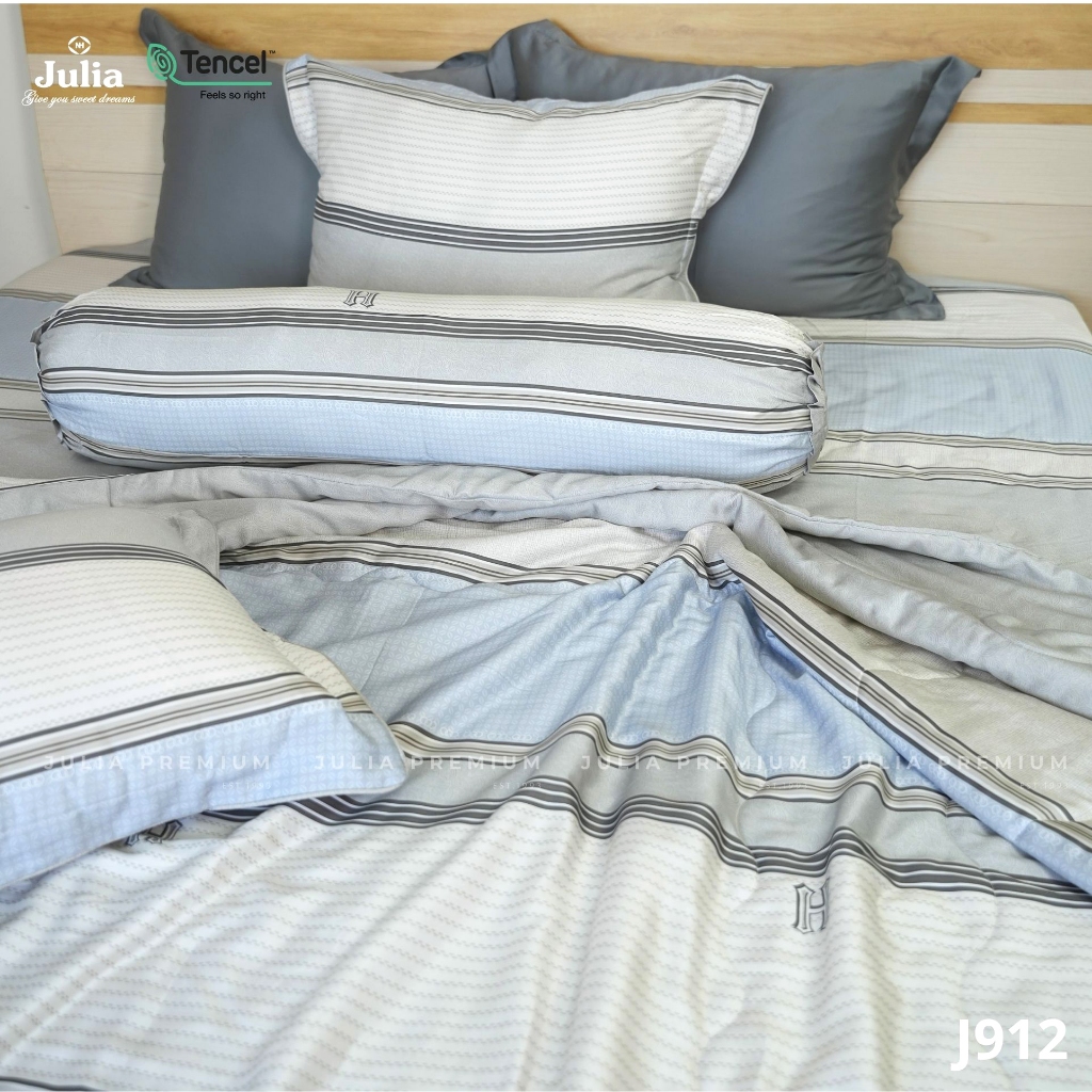 Bộ chăn ga gối ra giường lụa tencel sọc xanh xám - 100% từ gỗ sồi và thân cây bạch đàn siêu mềm mịn Hàn Quốc Julia 912