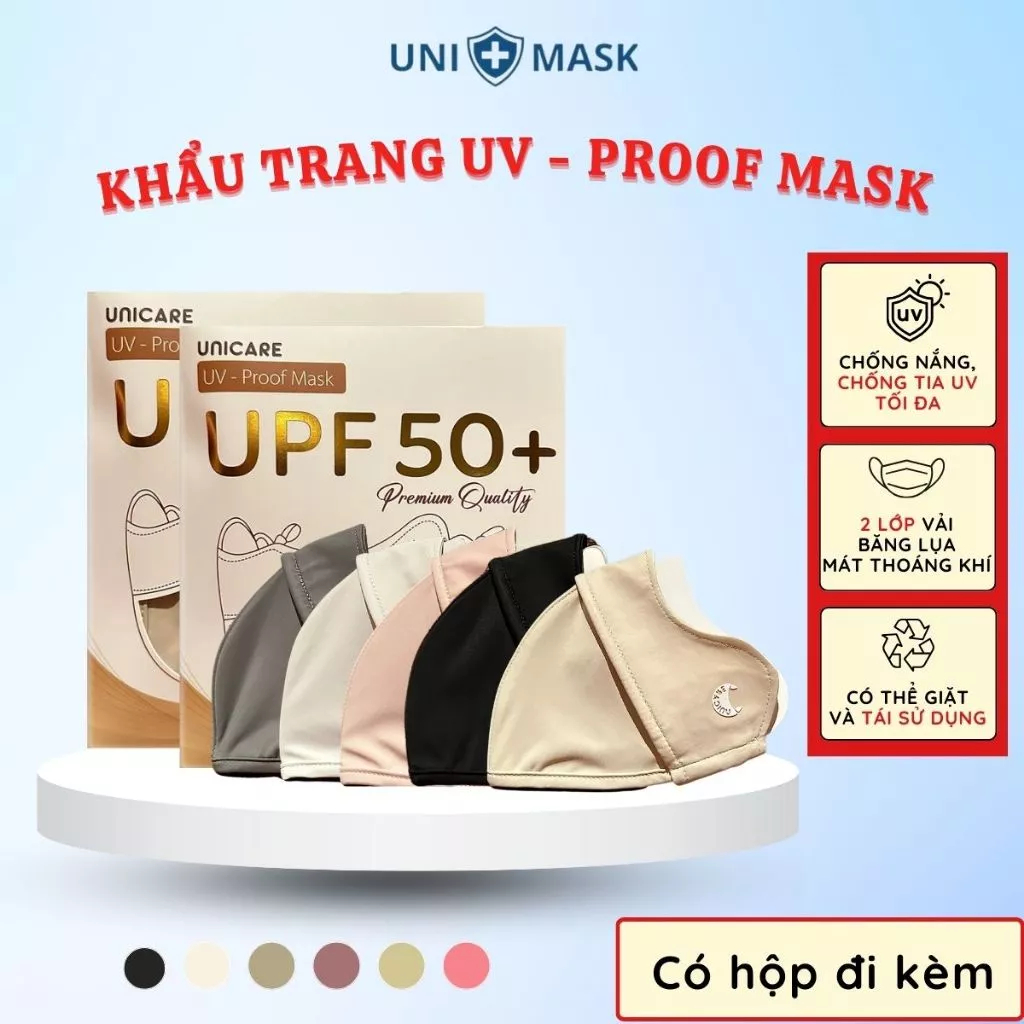 Khẩu Trang Chống Tia UV Unicare Chống Nắng, Vải Lụa Băng Mịn Thoáng Mát, Chống Tia UV UPF50+