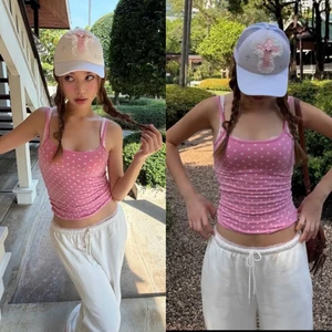 Áo hai dây sát nách màu hồng chấm bi trắng và trắng hello kitty tiểu thư dáng ôm body chất co giãn AHD008- Tiktik
