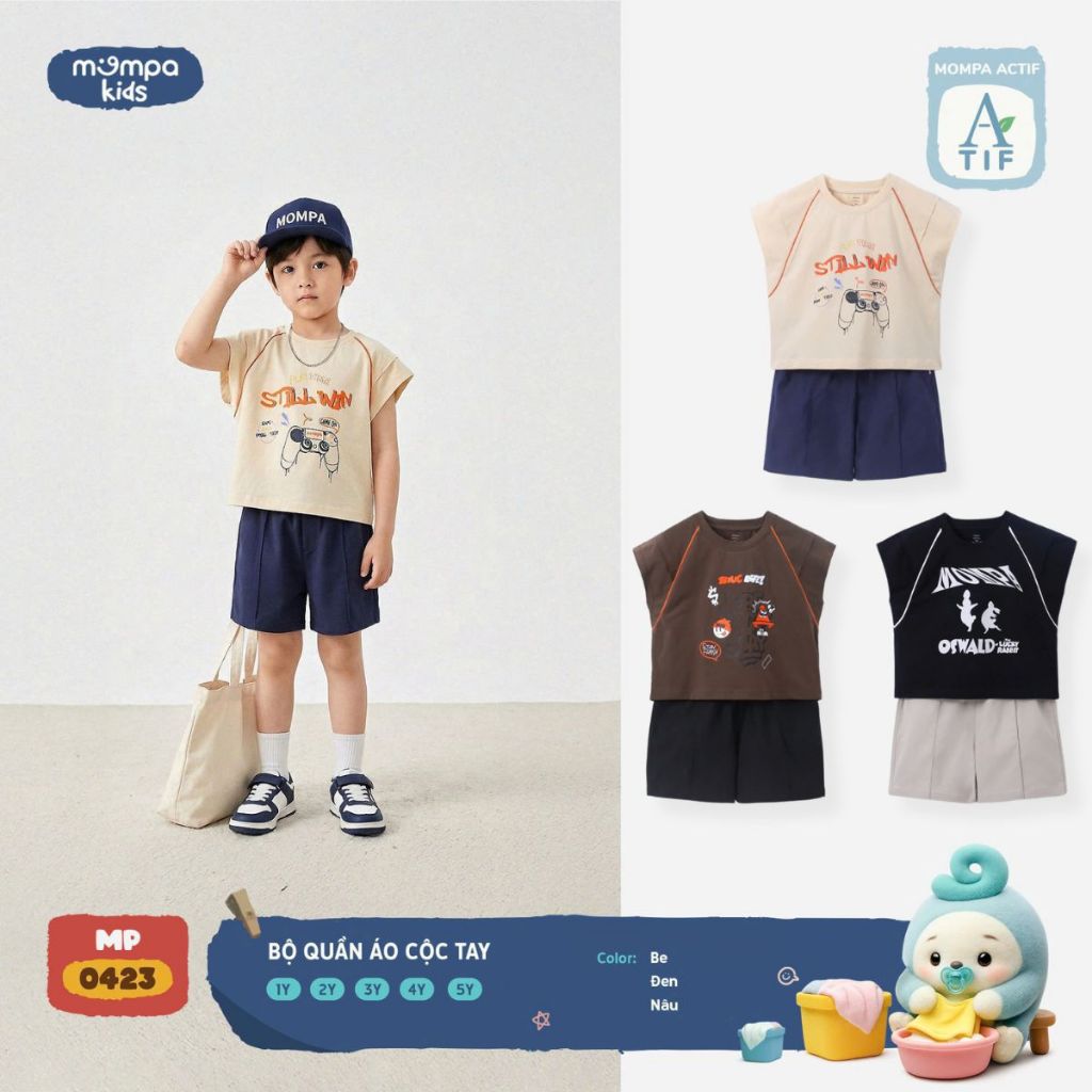 Bộ cộc tay cho bé Mompa sát nách 1-5 tuổi vải Cotton Actif co giãn thấm hút nhanh khô MP 0423