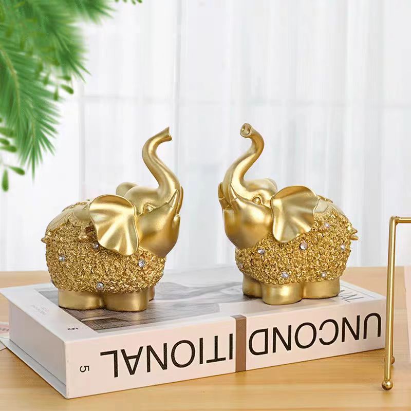 Tượng đôi voi đính đá vàng decor nhà cửa
