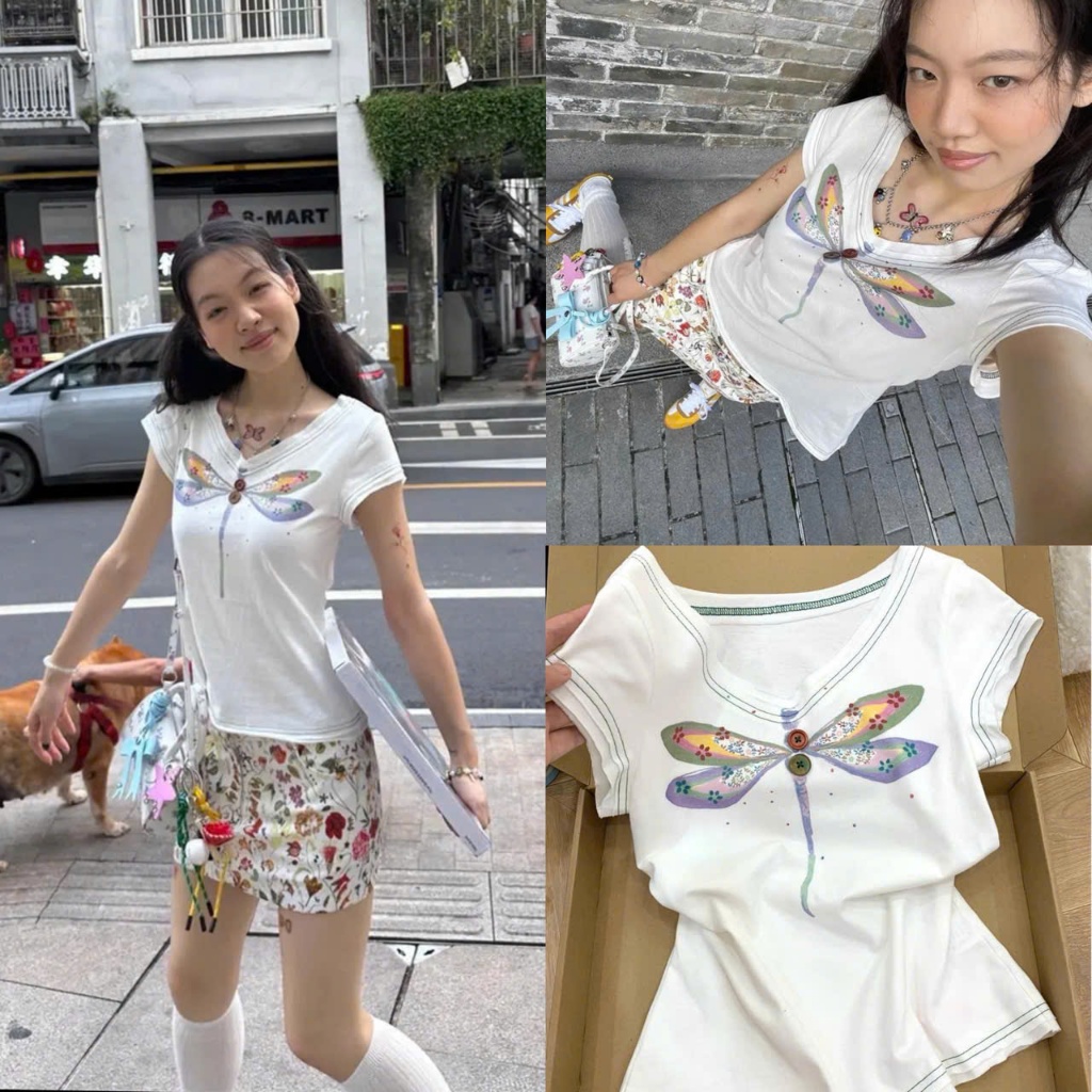 Áo thun cộc tay nữ màu trắng hình chuồn chuồn 2 khuy cổ tim ATNT019 - TikTik
