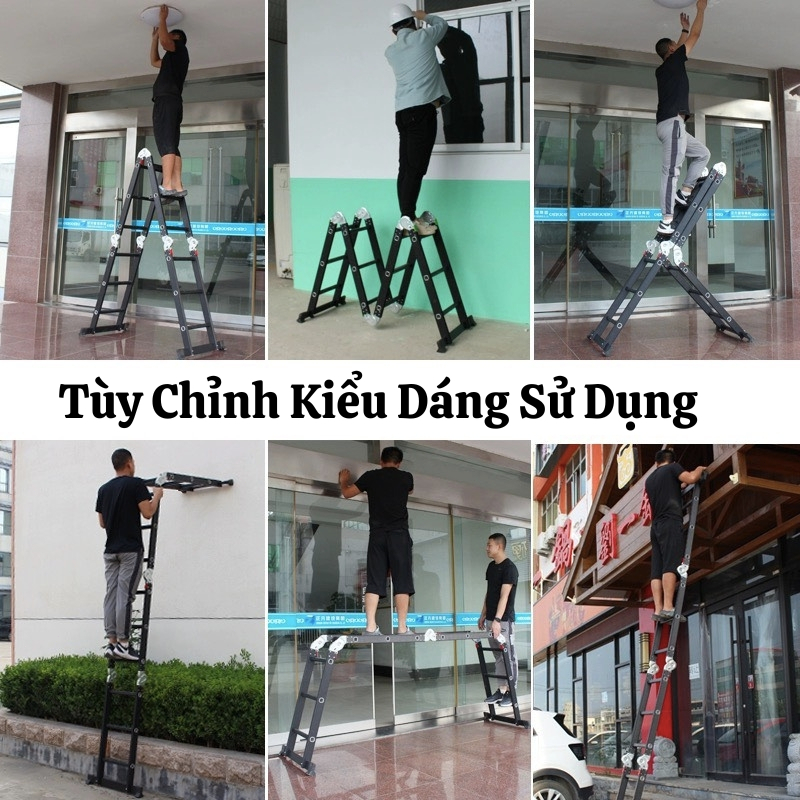 Thang nhôm gấp 4 đoạn nhập khẩu 3,7 - 5,7 mét Chịu Lực 200KG Thang nhôm đa năng, có thiết bị khóa tự động