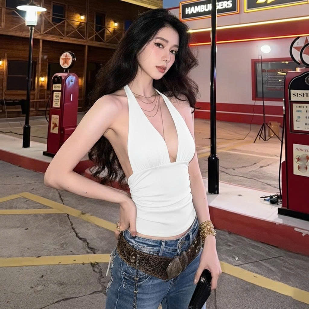 Áo Cổ Yếm Cột Dây Hở Lưng Cổ V Croptop Ôm Body Fit Dáng Màu Trơn Vải Cotton Co Giãn SAN Clothings - P188