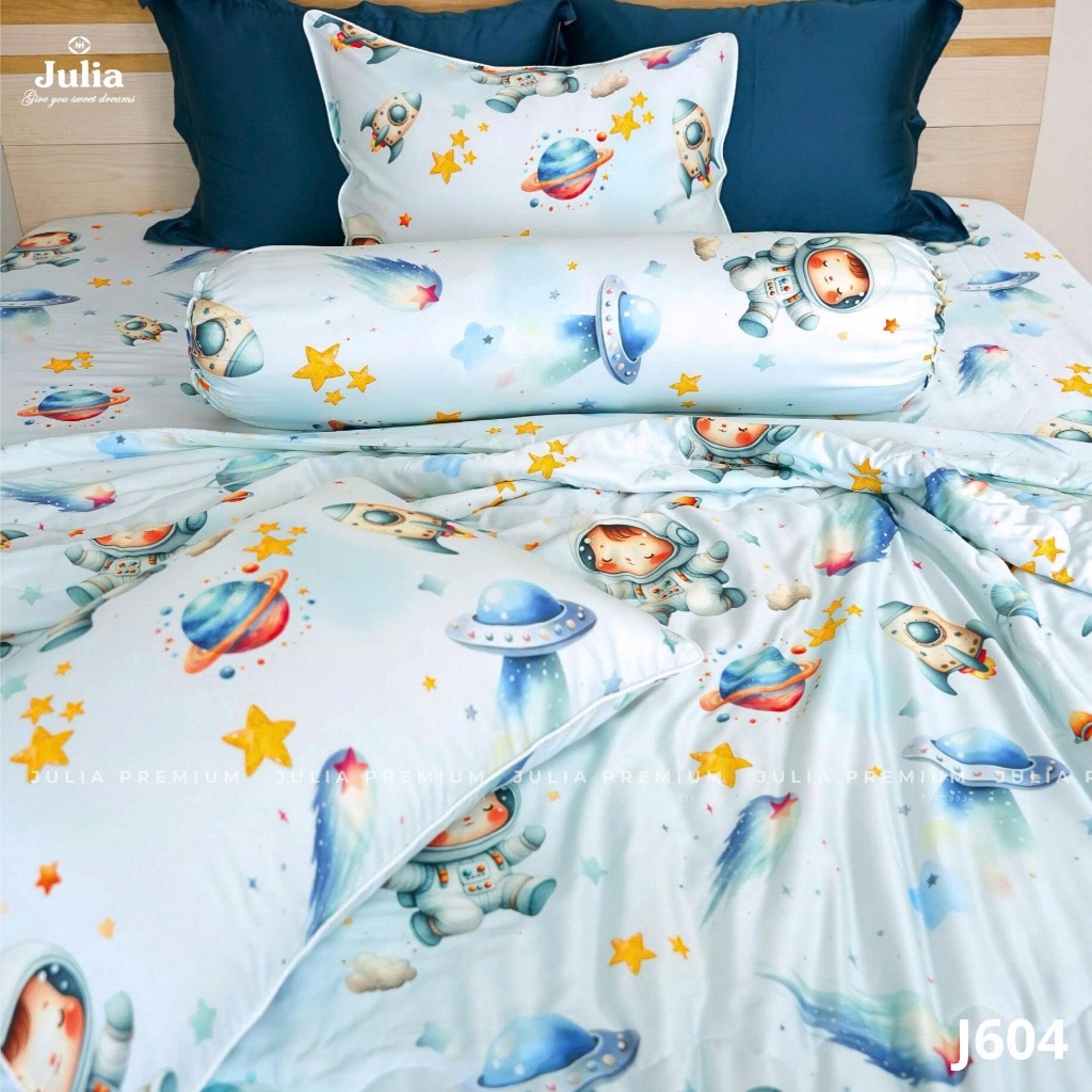 Bộ Chăn Ga Gối Cotton Lụa 100% sợi tự nhiên Cao Cấp Julia- Mềm Mịn, Thoáng Mát, Ga Giường Bọc Thun – Vũ trụ xanh 604