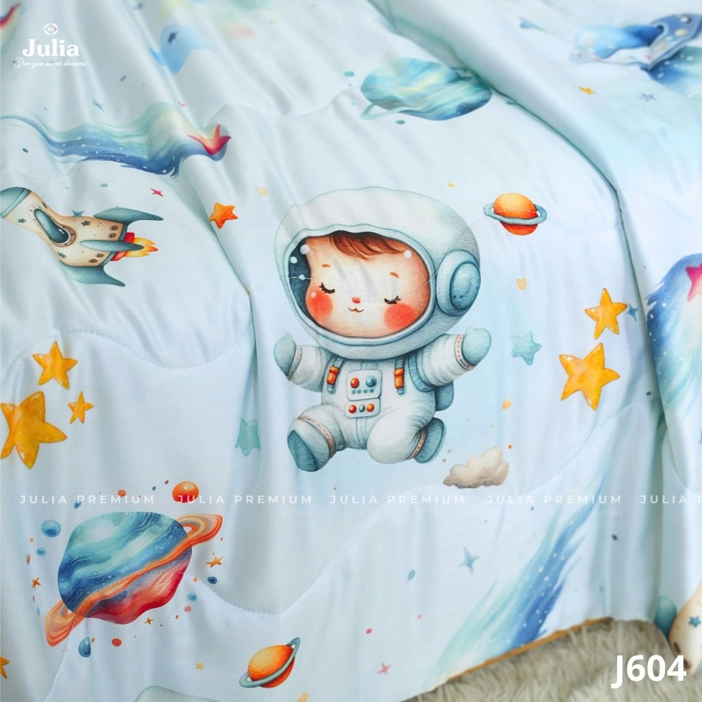 Bộ Chăn Ga Gối Cotton Lụa 100% sợi tự nhiên Cao Cấp Julia- Mềm Mịn, Thoáng Mát, Ga Giường Bọc Thun – Vũ trụ xanh 604
