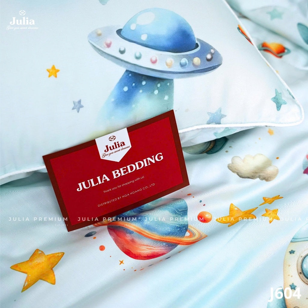 Bộ Chăn Ga Gối Cotton Lụa 100% sợi tự nhiên Cao Cấp Julia- Mềm Mịn, Thoáng Mát, Ga Giường Bọc Thun – Vũ trụ xanh 604