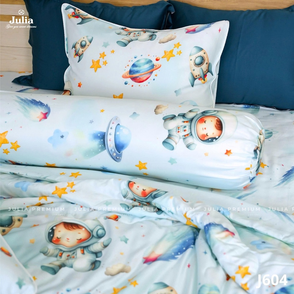 Bộ Chăn Ga Gối Cotton Lụa 100% sợi tự nhiên Cao Cấp Julia- Mềm Mịn, Thoáng Mát, Ga Giường Bọc Thun – Vũ trụ xanh 604
