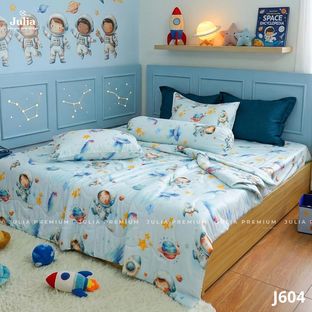 Bộ Chăn Ga Gối Cotton Lụa 100% sợi tự nhiên Cao Cấp Julia- Mềm Mịn, Thoáng Mát, Ga Giường Bọc Thun – Vũ trụ xanh 604