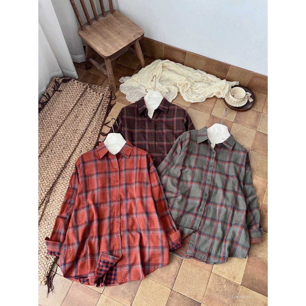Áo sơ mi kẻ dài tay Theone, Sơ mi kiểu phom rộng dáng dài SM26100-B2TN - NhiNhi Shop | BigBuy360 - bigbuy360.vn