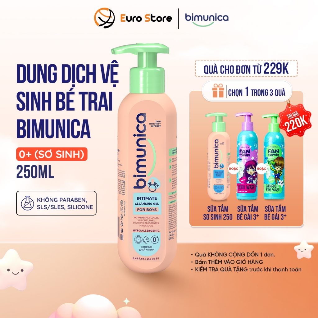 Dung Dịch Vệ Sinh Bé Gái Bé Trai Bimunica Từ 0 Tháng Tuổi – 250 ml