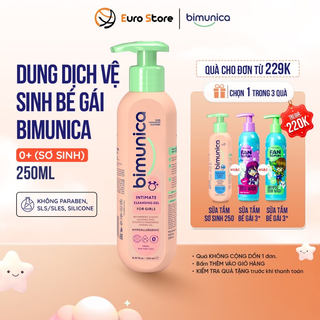 Dung Dịch Vệ Sinh Bé Gái Bé Trai Bimunica Từ 0 Tháng Tuổi – 250 ml