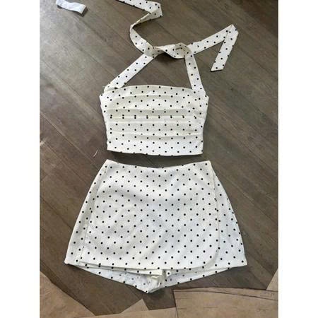 Set Áo Yếm Quây Cột Dây Cổ Chấm Bi Mix Quần Váy Cạp Cao Đi Biển, Đi Chơi Cao Cấp SAN Clothings - P190
