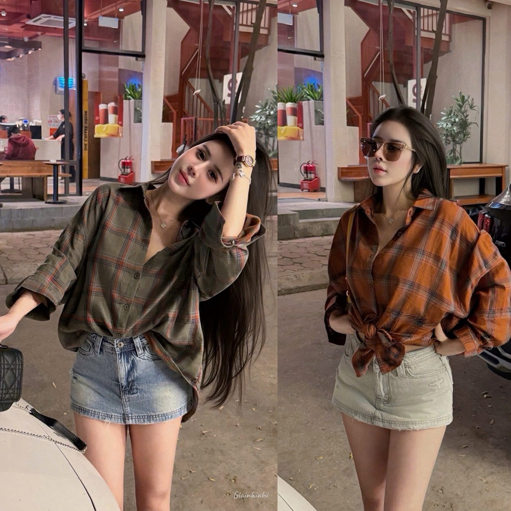 Áo sơ mi kẻ dài tay Theone, Sơ mi kiểu phom rộng dáng dài SM26100-B2TN - NhiNhi Shop | BigBuy360 - bigbuy360.vn
