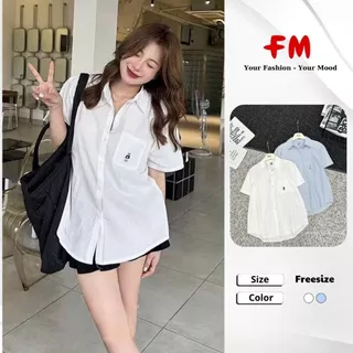 Áo Sơ Mi Nữ Kẻ Sọc FMSTYLE – Form Rộng Tay Ngắn 1 Túi Thêu Gấu Dễ Thương 26030491
