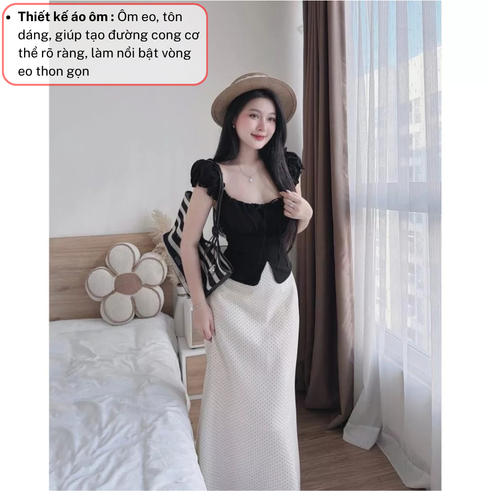 Set áo váy nữ dài, bộ quần áo nữ áo ôm cổ vuông phối chân váy dài chấm bi JUMITO HCOM27096
