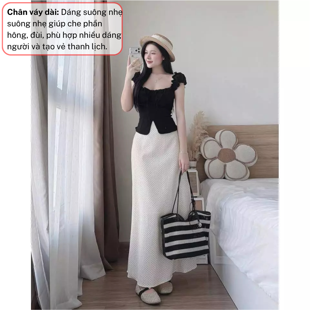 Set áo váy nữ dài, bộ quần áo nữ áo ôm cổ vuông phối chân váy dài chấm bi JUMITO HCOM27096