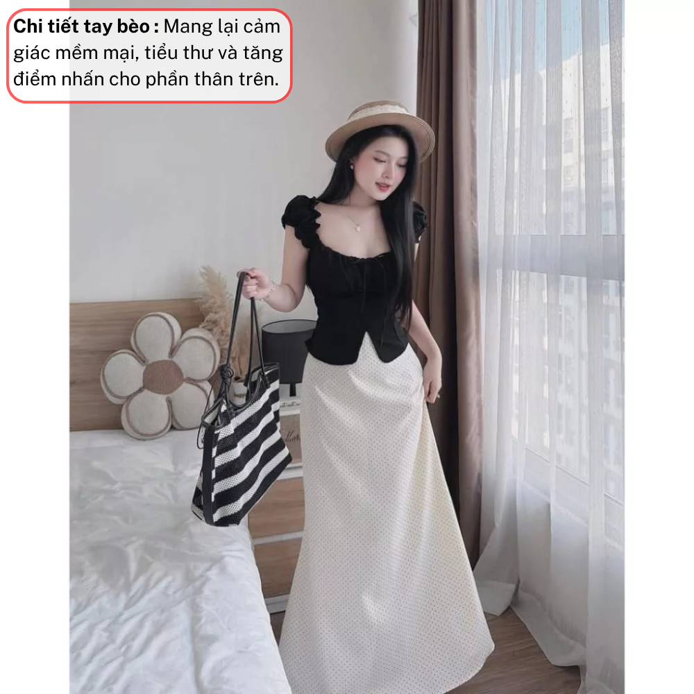Set áo váy nữ dài, bộ quần áo nữ áo ôm cổ vuông phối chân váy dài chấm bi JUMITO HCOM27096