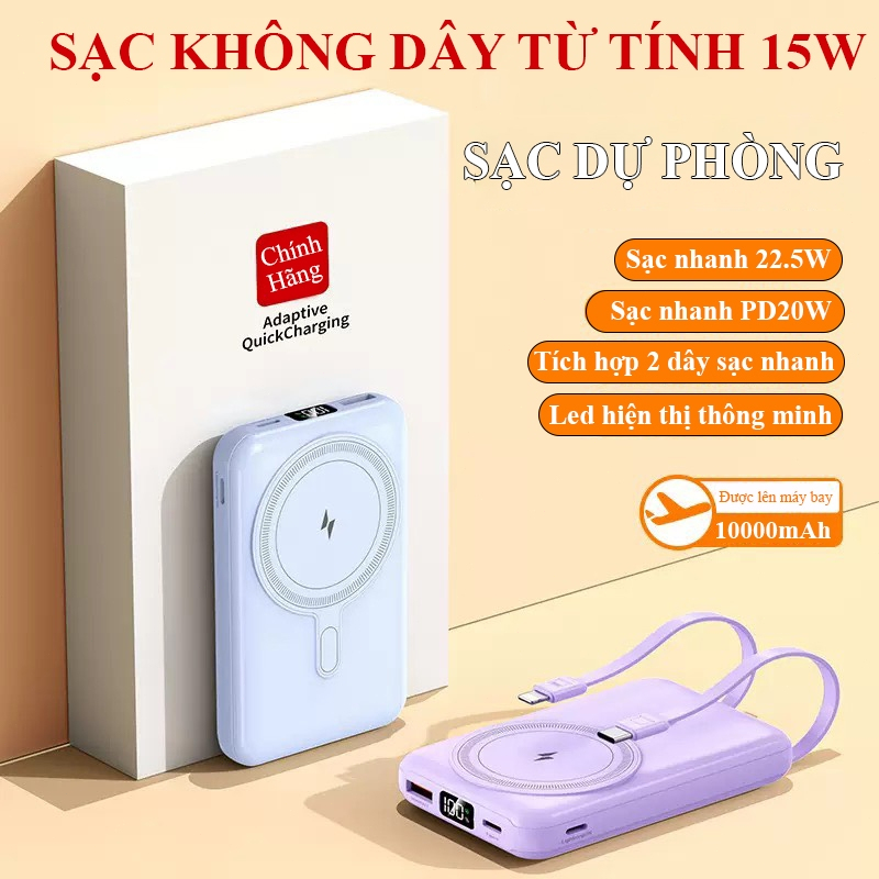 Sạc Dự Phòng Không Dây 10000mAh Tích Hợp 2 Dây Sạc Nhanh Nam Châm Hít Chắc Tiện Lợi Cho Táo/Android