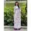 Áo dài hoa nhí dáng cô cổ lệch đính khuy xinh trắng phối tím cách tân chất lụa gấm Thanh Yên T1571G