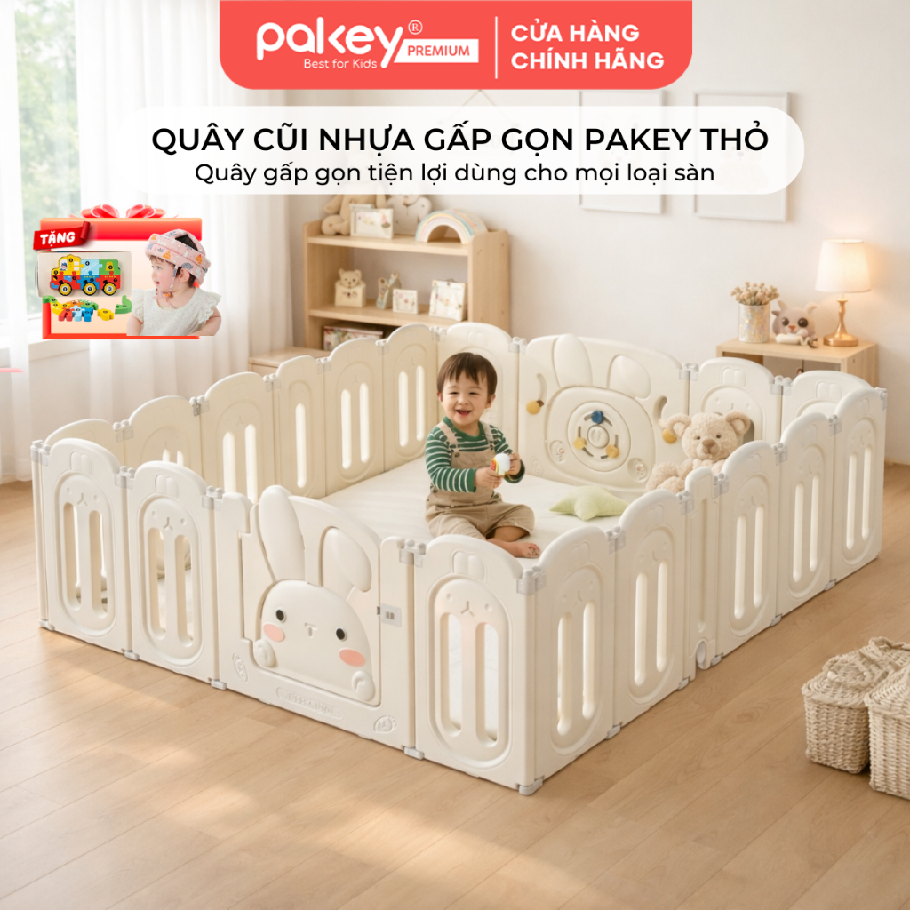 Quây Cũi Nhựa Gấp Gọn PAKEY Thỏ Trắng, Quây Cũi Hình Thỏ Đáng Yêu Dày Dặn Chắc Chắn Cho Bé - Bảo Hành Trọn Đời