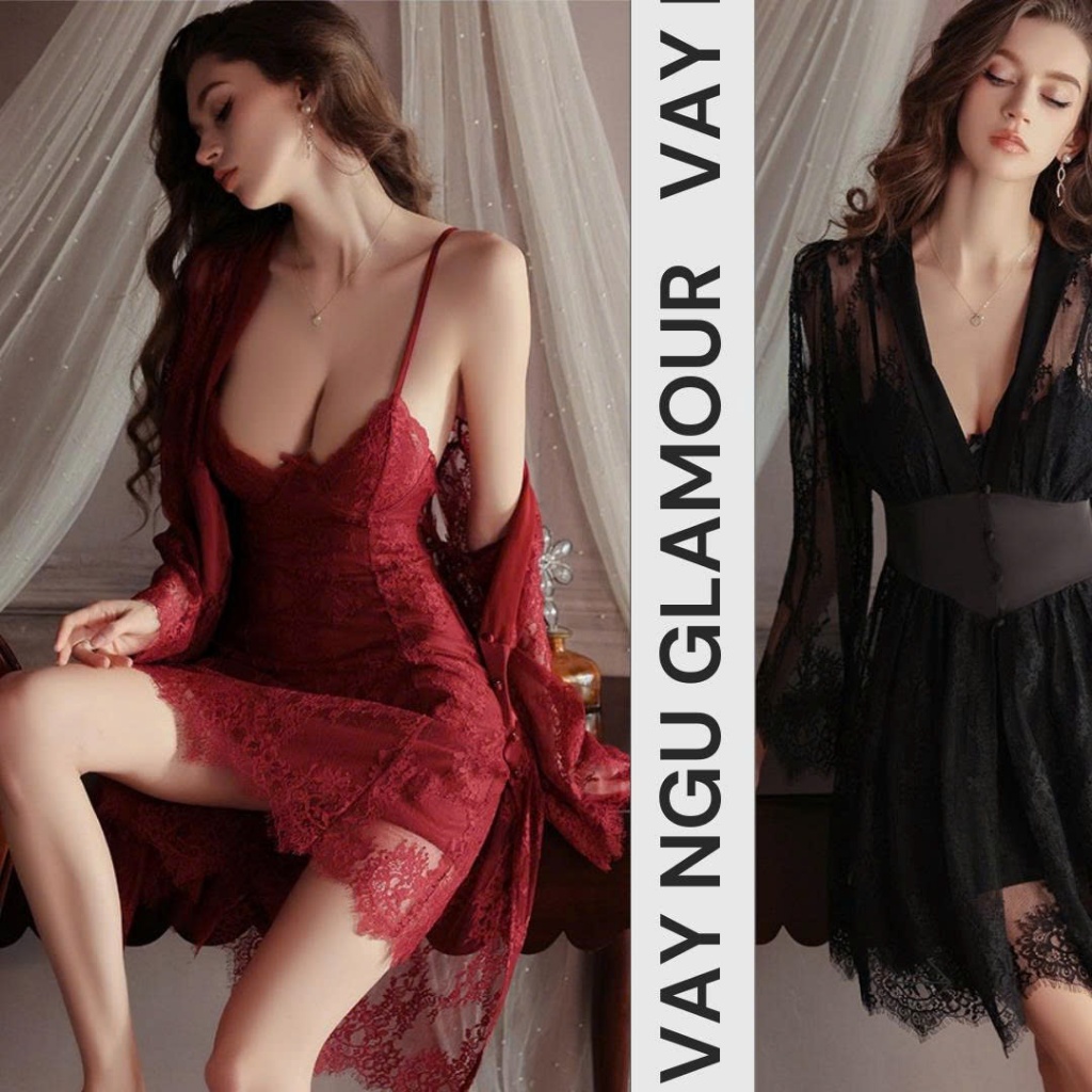 Váy ngủ hai dây lụa ren cao cấp Glamour Đầm mặc nhà gợi cảm quyến rũ