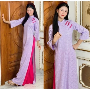 Áo dài suông lụa gấm hoa đính khuy vải màu tím pastel trẻ trung cách tân cao cổ tà dài T1614G