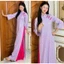 Áo dài suông lụa gấm hoa đính khuy vải màu tím pastel trẻ trung cách tân cao cổ tà dài T1614G