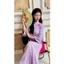 Áo dài suông lụa gấm hoa đính khuy vải màu tím pastel trẻ trung cách tân cao cổ tà dài T1614G