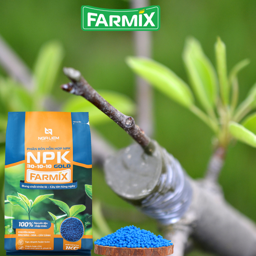 NPK 30-10-10 Gold Farmix – Bung Chồi Mạnh, Lá Xanh Khỏe, Cây Phát Triển Nhanh (Gói 1KG)