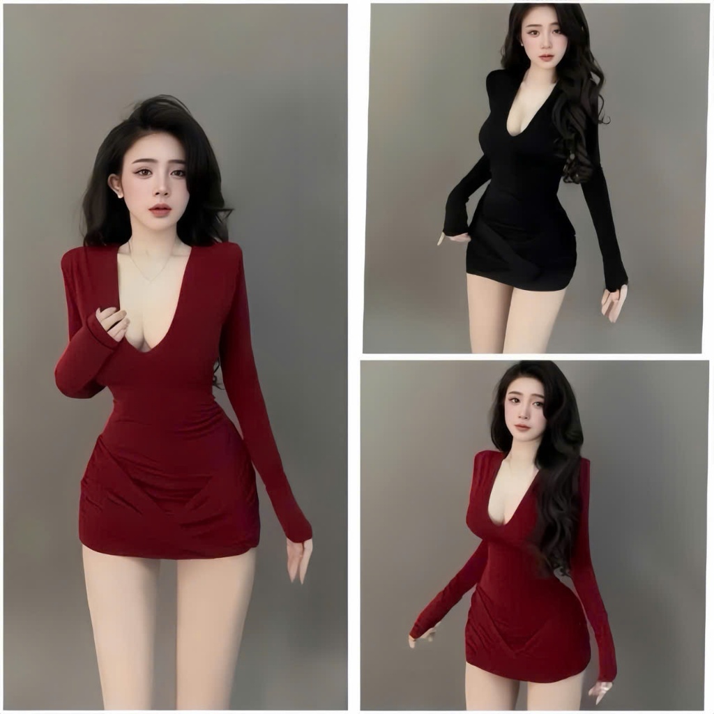 Đầm ôm ngắn tay dài cổ V , chất thun Ladong trẻ trung thời trang