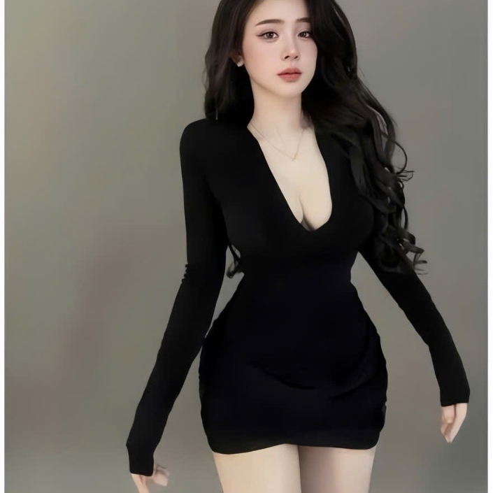 Đầm ôm ngắn tay dài cổ V , chất thun Ladong trẻ trung thời trang