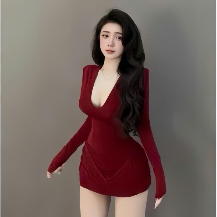 Đầm ôm ngắn tay dài cổ V , chất thun Ladong trẻ trung thời trang