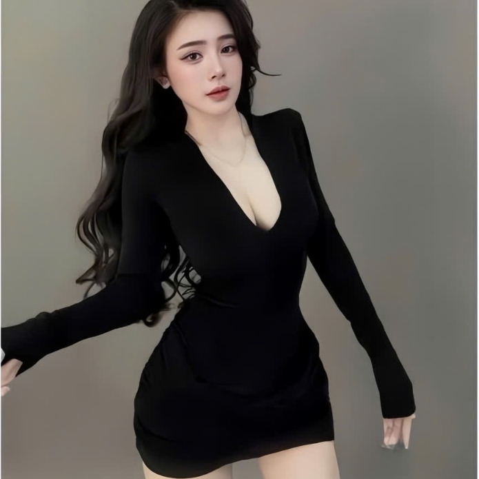 Đầm ôm ngắn tay dài cổ V , chất thun Ladong trẻ trung thời trang