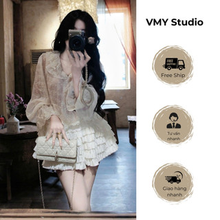 VMY Studio - Áo nữ babydoll cổ bèo ren hoa điệu đà tiểu thư, áo sơ mi kiểu nữ ren hoa dài tay dáng xòe QCCC nữ
