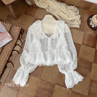 VMY Studio - Áo nữ babydoll cổ bèo ren hoa điệu đà tiểu thư, áo sơ mi kiểu nữ ren hoa dài tay dáng xòe QCCC nữ