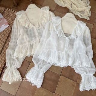VMY Studio - Áo nữ babydoll cổ bèo ren hoa điệu đà tiểu thư, áo sơ mi kiểu nữ ren hoa dài tay dáng xòe QCCC nữ