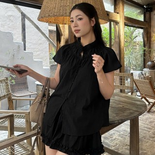 Set Áo Babydoll Dáng Suông Cổ Rúm Tay Phồng Mix Chân Váy Viền Bèo Cạp Chun 247Store Set3925