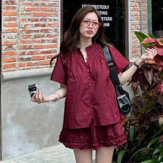 Set Áo Babydoll Dáng Suông Cổ Rúm Tay Phồng Mix Chân Váy Viền Bèo Cạp Chun 247Store Set3925
