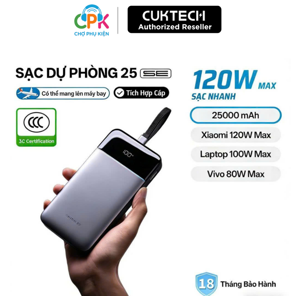 [BH 18th] Pin Sạc dự phòng Cuktech 25SE | 120w Cáp Tích Hợp PD/PPS/QC/UFCS/MiTurbo 120W LPB252N