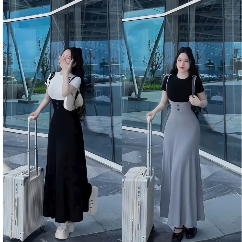 Sét áo thun cổ tròn tay ngắn phối yếm 2 dây dáng dài đính nút ở giữa eo,chất thun tăm