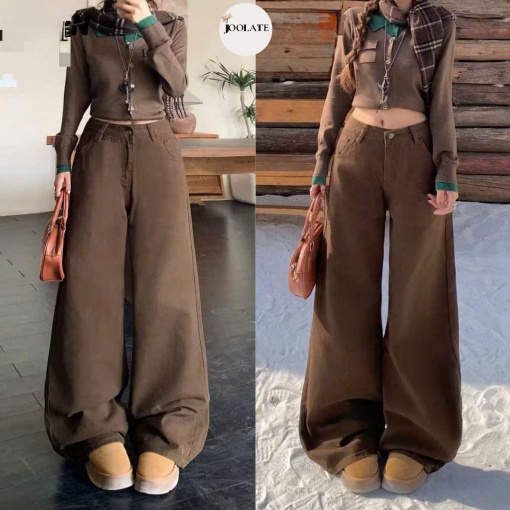 Quần Jeans Ống LOE rộng Quần Bò Ống Rộng màu nâu Choco cao cấp Phong Cách Hàn Quốc Joolate 7768_P2