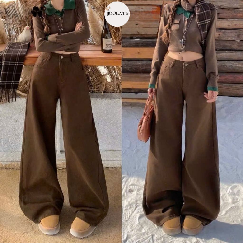 Quần Jeans Ống LOE rộng Quần Bò Ống Rộng màu nâu Choco cao cấp Phong Cách Hàn Quốc Joolate 7768_P2