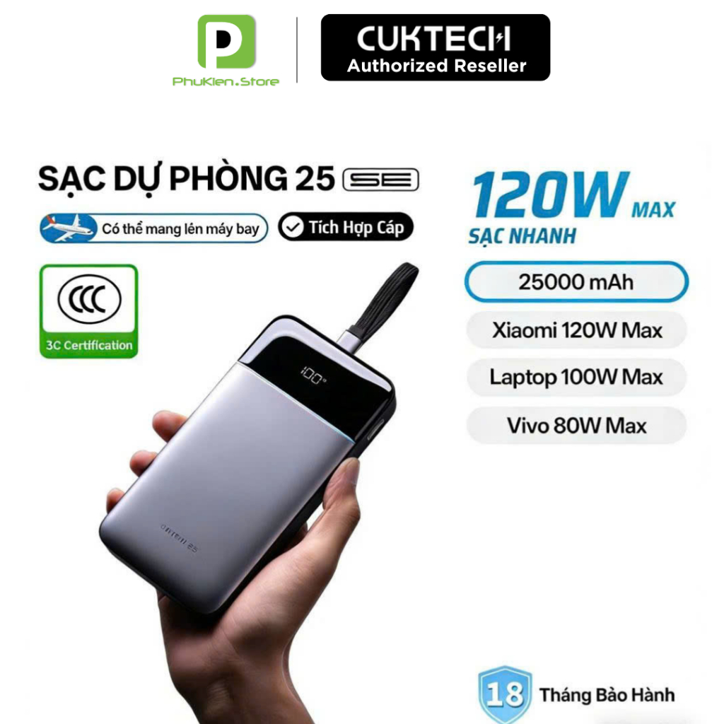 [Nguyên Seal, BH 18th] Pin Sạc dự phòng Cuktech 25SE | 120w Cáp Tích Hợp MiTurbo 120W LPB252N 25 SE | BigBuy360 - bigbuy360.vn