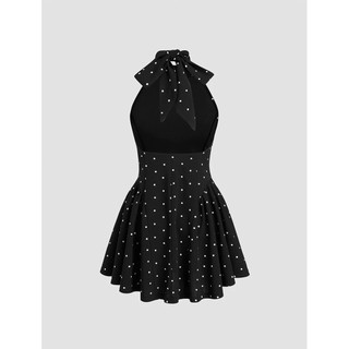 Đầm Halter Neckline Polka Dot Backless Ruffle Mini Dress