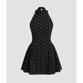 Đầm Halter Neckline Polka Dot Backless Ruffle Mini Dress